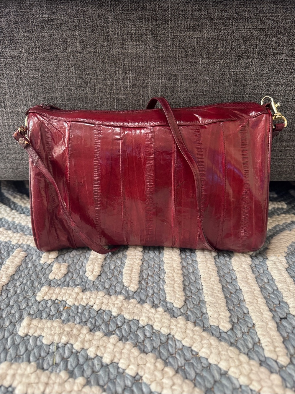Vintage Korean Eel Skin Leather Burgundy Crossbody Shoulder Bag - Picture 1 of 10